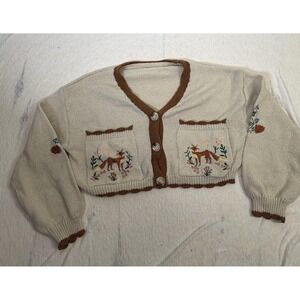 ROMWE Fox Embroidered Cardigan Sweater Cropped Cottagecore M Woodland